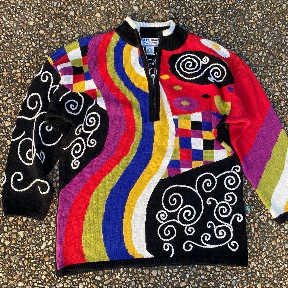 Vintage 1980’s 1990’s Vivian Wang Kitty Hawk colorful op art long sweater